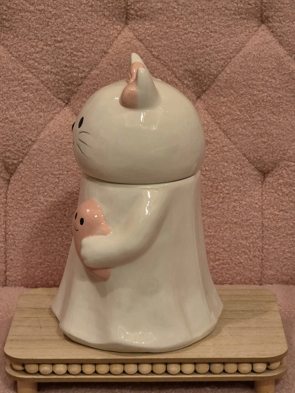 Ceramic White & Pink Cat Cookie Jar - Cute Paw & Bow Design